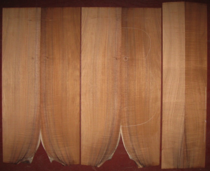 6-pc Koa OM/Dreadnought 4A $585
(4) top-back plates 8" x 31-3/4" (tapers as shown)
(2) side plates 4-1/2" x 33-1/2"
Air dried since 2015, 15-1/4" OM pattern shown, tight fiddleback curl; bright honey-brown color, straight-vertical grain.
set #170-1177 6-pc Koa OM/Dreadnought 4A $585
(4) top-back plates 8" x 31-3/4" (tapers as shown)
(2) side plates 4-1/2" x 33-1/2"
Air dried since 2015, 15-1/4" OM pattern shown, tight fiddleback curl; bright honey-brown color, straight-vertical grain.
set #170-1177