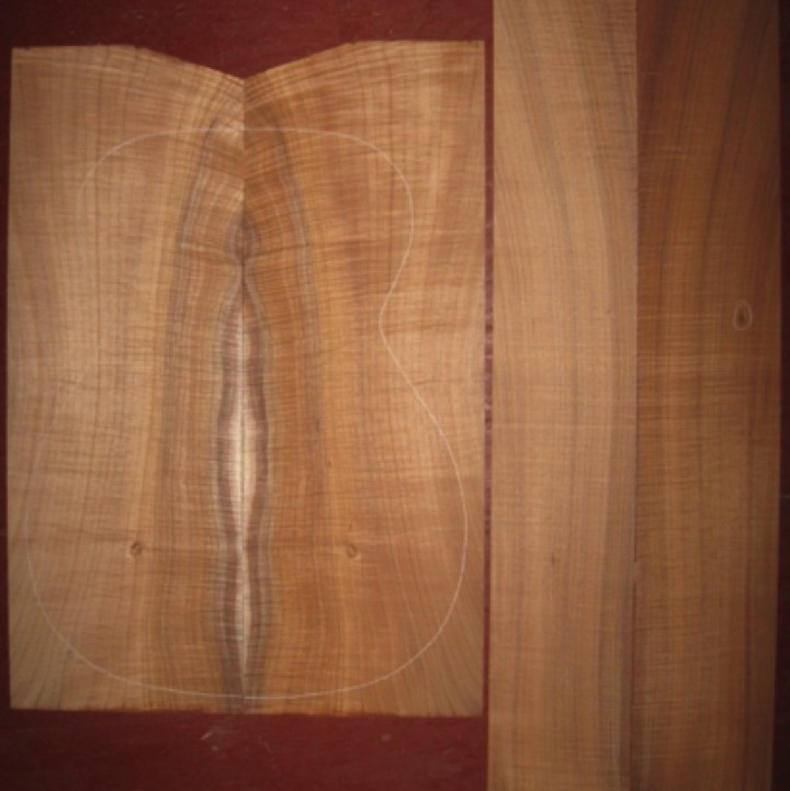 Koa OM/Dreadnought AAA $325
(2) back plates 8-1/4" x 22" (min.)
(2) side plates 5" x 33"
Air dried since 2015, 15-1/4" concert pattern shown, full curl, bright orange-brown; whorl at lower bout (no problem).
set #170-1179 Koa OM/Dreadnought AAA $325
(2) back plates 8-1/4" x 22" (min.)
(2) side plates 5" x 33"
Air dried since 2015, 15-1/4" concert pattern shown, full curl, bright orange-brown; whorl at lower bout (no problem).
set #170-1179