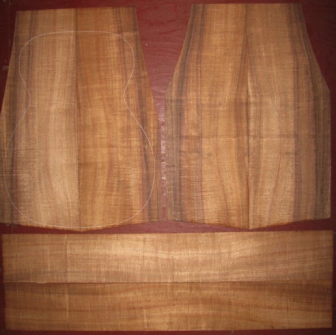 6-pc Koa OM/Dreadnought AAA $315
(4) top-back plates 8-1/4" x 22-1/4" (tapering as shown)
(2) side plates 5" x 33-1/2"
Air dried since 2006, 15-1/4" OM pattern shown, tight fiddleback curl; tight but tenable fit for dred pattern.
set #137-1295 6-pc Koa OM/Dreadnought AAA $315
(4) top-back plates 8-1/4" x 22-1/4" (tapering as shown)
(2) side plates 5" x 33-1/2"
Air dried since 2006, 15-1/4" OM pattern shown, tight fiddleback curl; tight but tenable fit for dred pattern.
set #137-1295