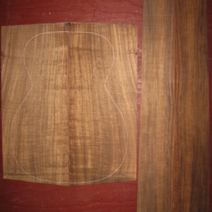 Koa OM/Classical AAA $270
(2) back plates 8-3/4" x 21" (at center joint)
(2) side plates 4-7/8" x 31" (taper to 4" width)
Air dried since 2006, 15.25" concert pattern shown, tight fiddleback curl strongest on back, straight and vertical grain.
set #166-1436 Koa OM/Classical AAA $270
(2) back plates 8-3/4" x 21" (at center joint)
(2) side plates 4-7/8" x 31" (taper to 4" width)
Air dried since 2006, 15.25" concert pattern shown, tight fiddleback curl strongest on back, straight and vertical grain.
set #166-1436