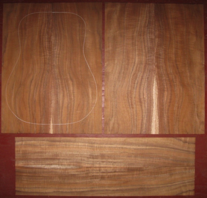 6-pc Koa OM/Dreadnought AAA $495
(4) top-back plates 9" x 23-1/2
(2) side plates 5-1/4" x 32-1/8"
Air dried since 2010, 16" dred pattern shown, strong (almost 4A) fiddleback curl; dark rich colors, straight grain soundboard.
set #193-1537 6-pc Koa OM/Dreadnought AAA $495
(4) top-back plates 9" x 23-1/2
(2) side plates 5-1/4" x 32-1/8"
Air dried since 2010, 16" dred pattern shown, strong (almost 4A) fiddleback curl; dark rich colors, straight grain soundboard.
set #193-1537