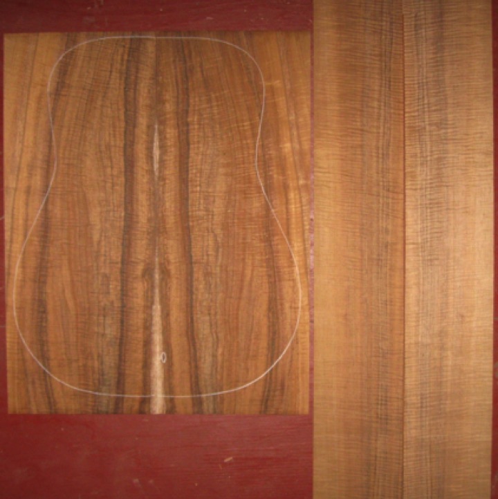 Koa OM/Dreadnought AAAAA $675
(2) back plates 8-1/2" x 21-1/2"
(2) side plates 5" x 32-3/4"
Air dried since 2001, 16" dred pattern shown, primo fiddleback curl, rich-dark koa with lots of striping. Rare koa.
set #86-1729 Koa OM/Dreadnought AAAAA $675
(2) back plates 8-1/2" x 21-1/2"
(2) side plates 5" x 32-3/4"
Air dried since 2001, 16" dred pattern shown, primo fiddleback curl, rich-dark koa with lots of striping. Rare koa.
set #86-1729
