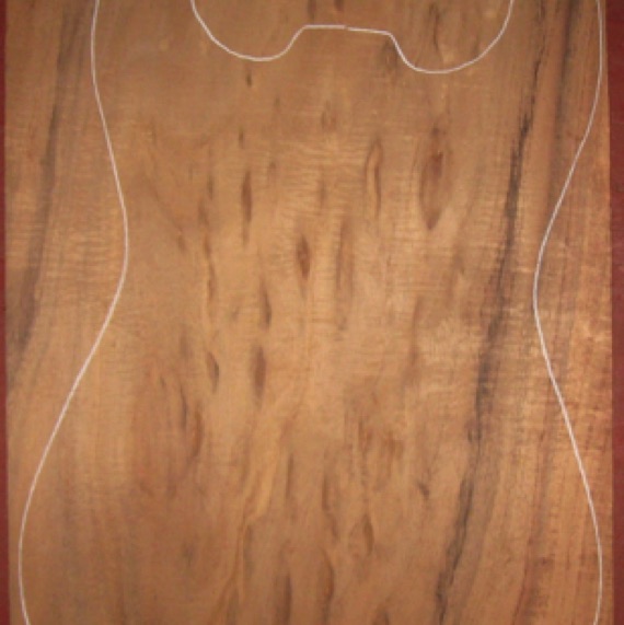 Koa Electric/Bass Top 4A $160
one-pc top plates 13-1/4 wide, 22" long
Air dried since 1996, .340" thickness, 13" x 18-1/2" pattern shown, dramatic figure.
set #191-1859