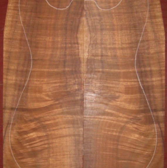 Koa Electric/Bass Top 4A $195
(2) top plates 7" x 21-1/4", .120" thick
Air dried since 2006, 13" x 18-1/2" pattern shown, strong flame, rich color.
(2) consecutive sets available   -   set #137-1425