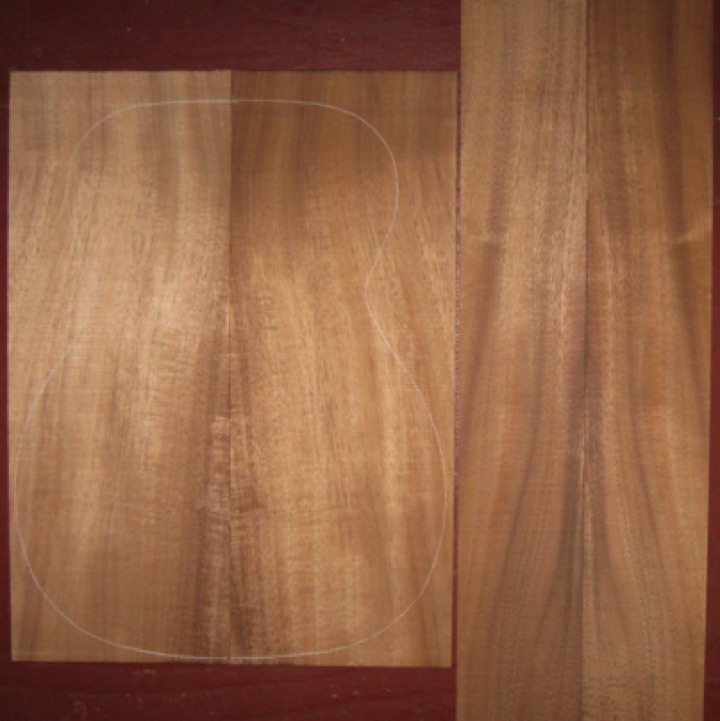 Koa OM/CL AA  $125
(2) back plates 7-7/8" x 21"
(2) side plates 4-3/8" x 31"
Air dried since 2010, 15-1/4" OM pattern shown, bright color, light-med fiddleback curl. 
set #198-2061