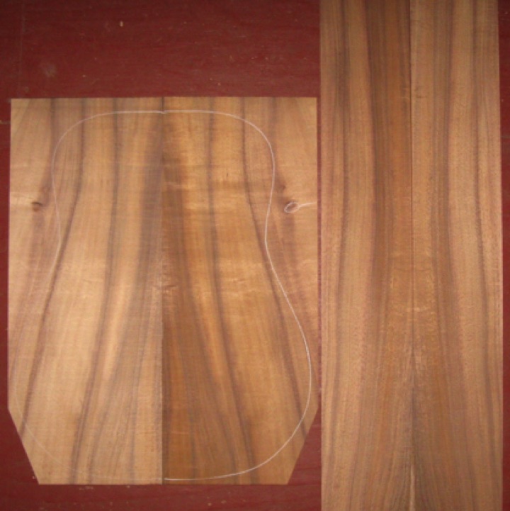 Koa OM/Dreadnought A+  $110
(2) back plates 8-1/2" x 21-1/4" (taper to 6-3/4" wide)
(2) side plates 5" x 33"
Air dried since 2013, 16" D pattern shown; rich color, bold stripes, and light flame.
set #161-2216