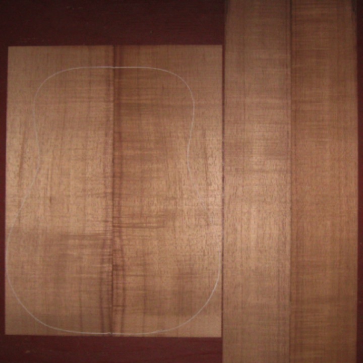Koa OM/Dreadnought AAA  $300
(2) back plates 8-1/4" x 22"
(2) side plates 5" x 33-3/8"
Air dried since 2017, 16" D pattern shown, straight & vertical grain, full curl.
set #200-2333