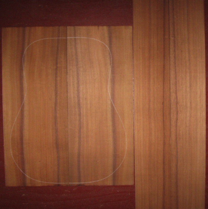 Koa OM/Dreadnought AA  $190
(2) back plates 9" x 22-1/8"
(2) side plates 5" x 32"
Air dried since 1996, 16" dred pattern shown, straight grain, light curl, gorgeous color and stripes.
set #191-2464