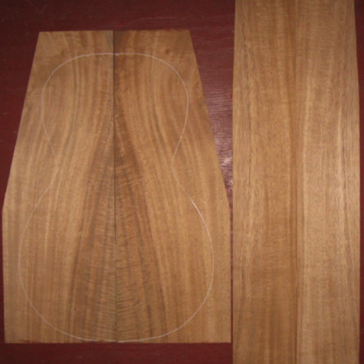 Koa Parlor AA+ $120
(2) back plates 7-1/4" x 20" (taper to 4-3/4")
(2) side plates 4" x 30" (taper to 3-3/4")
Air dried since 2016, 12-1/4" parlor pattern shown. Bright orange brown with tight medium flame. Gorgeous.
(2) consecutive sets available   -   set #173-2486+87