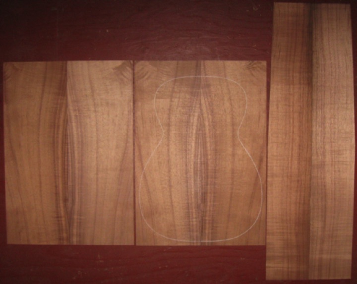 6-pc koa 0/Parlor AAA  $360
(4) top-back plates 7-1/4" x 20-1/2" 
(2) side plates 5" x 31" (tapers to 4-1/2")
Air dried since 2017, 13-1/2" size 0 pattern shown, straight & vertical grain and moderate density for excellent soundboard.
set #200-2025
