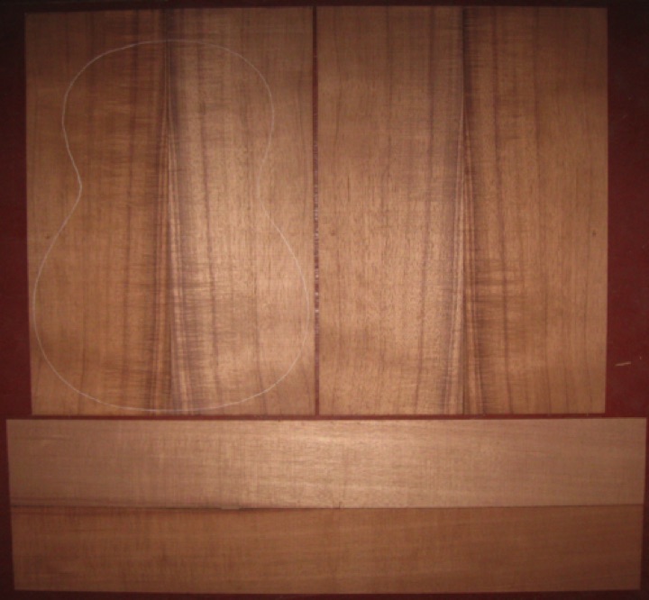 6-pc koa 0M/CL AAA  $325
(4) top-back plates 7-5/8" x 21-1/2" 
(2) side plates 4-3/4" x 34-1/4"
Air dried since 2017, 14-3/4" CL pattern shown, straight grain, red-brown with medium curl-flame.
set #200-2522
