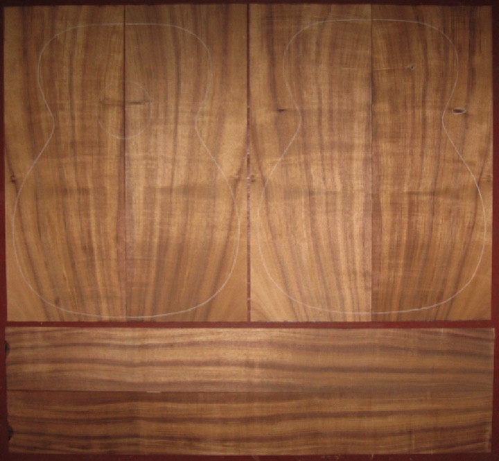 6-pc koa OM/CL AA+  $195
(4) top/back plates 8-1/8" x 21-1/4"
(2) side plates 4-3/8" x 33"
Air dried since 2013, 15-1/4" OM pattern shown, good color and stripes, good curl; sequential top and back bookmatches.
set #162-2530