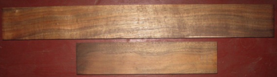 Koa Guitar/Uke Neck Blank A+ $70
2 pcs 24" x 2-7/8" + 12" x 2-3/4", 15/16" thick. Style A. Air dried since 2010, medium curl, off quarter but generally straight grain.
face #1 - blanks #196-1983
