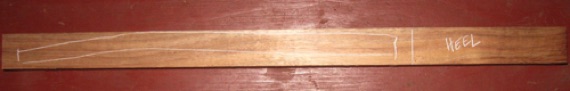 1-1/2" edge   -   blank #179-1984

Above photo: baritone pattern at left, with cutoff at right to be used for 1-pc. heel block. Extra koa for headblock ears in cutoff material.