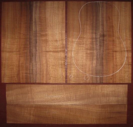 Koa Tenor Ukulele AAA  $160
(4) top-back plates 5-1/4" x 13-1/4"
(2) side plates 3-1/4" x 20"
Air dried since 2017, tenor pattern shown, med-full curl, straight-vertical grain.
set #181-2273
