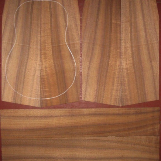 Koa Tenor Ukulele AA  $85
(4) top-back plates 4-3/4" x 13-3/4"
(2) side plates 3-1/2" x 19-3/4"
Air dried since 2013, tenor pattern shown; rich color, light-medium curl.
set #161-2281