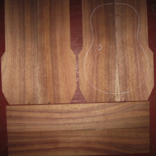 Koa Tenor Ukulele AA  $80
(4) top-back plates 5" x 14-7/8" (tapers)
(2) side plates 3-1/2" x 19-7/8"
Air dried since 2013, tenor pattern shown; rich color, light-medium curl.
set #161-2283