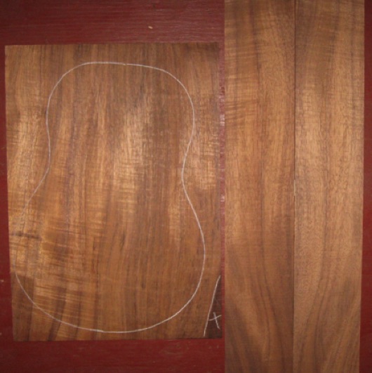 Koa Tenor Ukulele AAA  $85
1-pc back plate 9-1/2" x 13-1/4"
(2) side plates 3-1/8" x 18-3/4"
Air dried since 2006, back-side set (no top); rich color with fiddleback curl.
set #165-2294