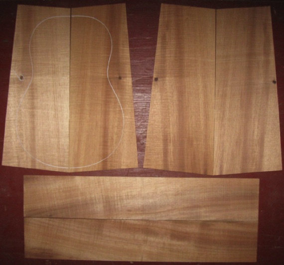 Koa Tenor Ukulele AAA  $130
(4) top-back plates 5-1/2" x 13-1/8" (tapers)
(2) side plates 3-3/8" x 18-3/4"
Air dried since 2017, tenor pattern shown, bright honey brown with good fiddleback curl.
set #203-1906