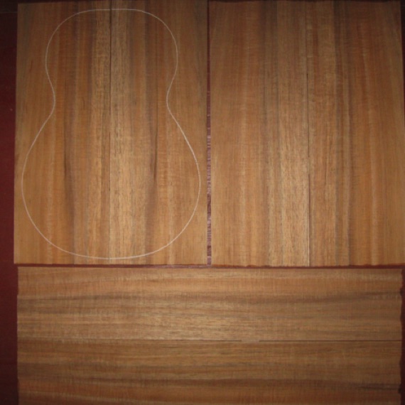 Koa Baritone/Tenor Ukulele AAA  $185
(4) top-back plates 5-1/2" x 15-1/4"
(2) side plates 4" x 22"
Air dried since 2019, baritone pattern shown, straight and vertical grain, bright curly koa.
set #202-2356