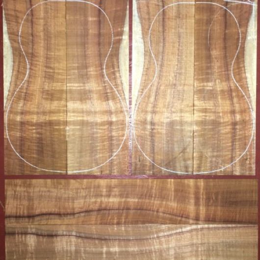 Koa Concert/Soprano Ukulele AAA  $100
(4) top-back plates 4" x 12"
(2) side plates 3" x 17"
Air dried since 2016, concert pattern shown, good fiddleback curl, rich colors.
set #181-2650