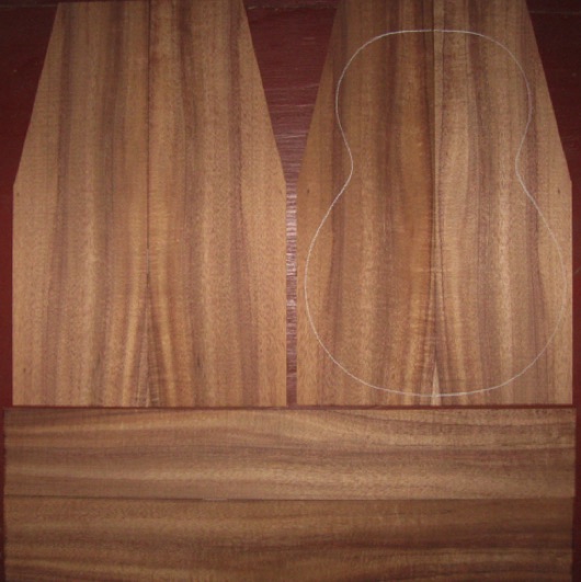 Koa Baritone/Tenor Ukulele AA  $120
(4) top-back plates 5-3/8" x 16" (width tapers)
(2) side plates 3-1/2" x 22-1/2"
Air dried since 2013, baritone pattern shown, rich colors and stripes, medium curl.
set #161-2341