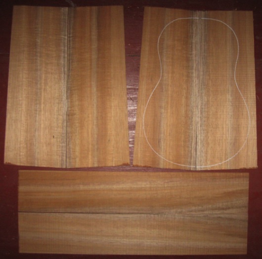 Koa Tenor Ukulele AA+  $120
(4) top-back plates 5" x 13" (taper to 4-1/2")
(2) side plates 3-3/8" x 18-3/4"
Air dried since 2019, tenor pattern shown, bright koa with tight medium curl.
set #202-2364