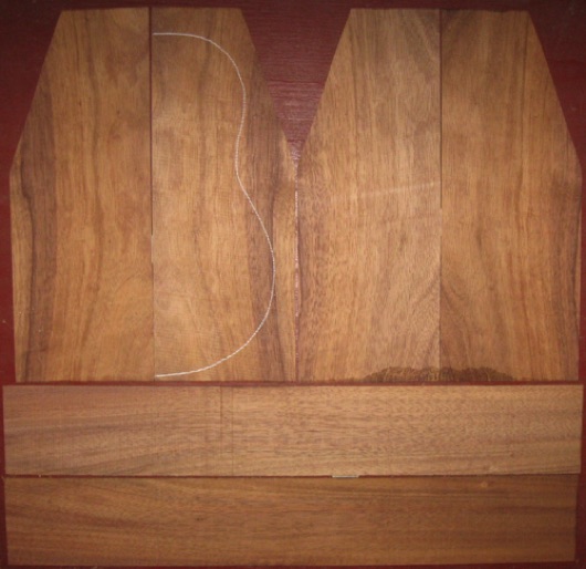 Koa Tenor Ukulele A  $55
(4) top-back plates 5" x 13-1/8" (tapers)
(2) side plates 3-1/8" x 21"
Air dried since 2013, tenor pattern shown; rich color, light figure.
set #161-2388
