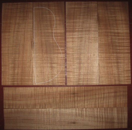 Koa Tenor Ukulele 4A  $240
(4) top-back plates 5" x 13-1/8" 
(2) side plates 3-3/8" x 19-1/2"
Air dried since 2003, tenor pattern shown, vertical grain, beautiful honey brown.
set #231-2444