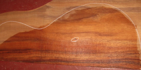 closeup, wetted
set #193-1911
Tight knot in lower bout of top/balck plates (circled above); and tight knot generally outside a 3.25" wide side pattern (circled, left photo). closeup, wetted
set #193-1911
Tight knot in lower bout of top/balck plates (circled above); and tight knot generally outside a 3.25" wide side pattern (circled, left photo).
