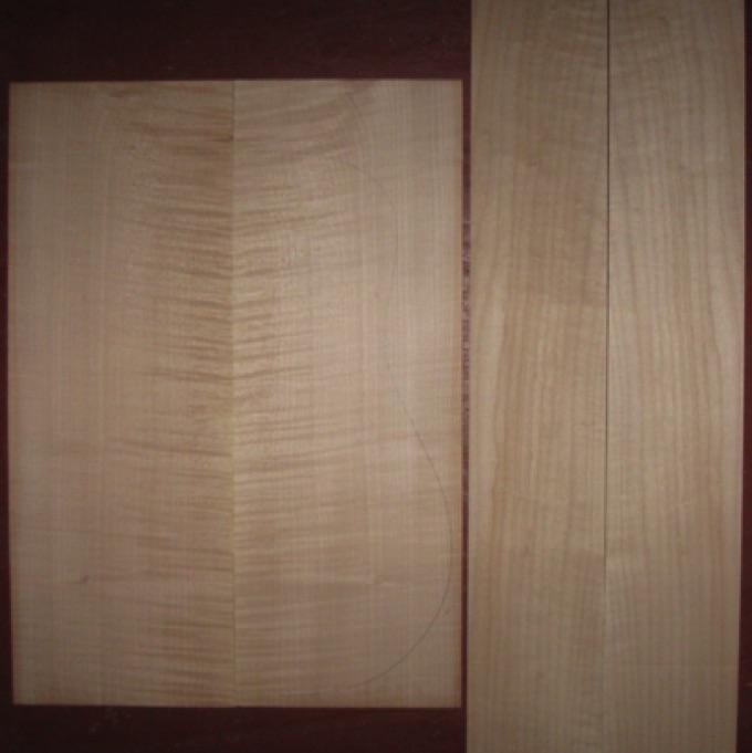 Curly Maple D/OM AA  $55
(2) back plates 8-3/8" x 23"
(2) side plates 5" x 34"
Air dried since 2009, good curl on back, light curl sides, clean white color; straight  grain.
set #146-1997