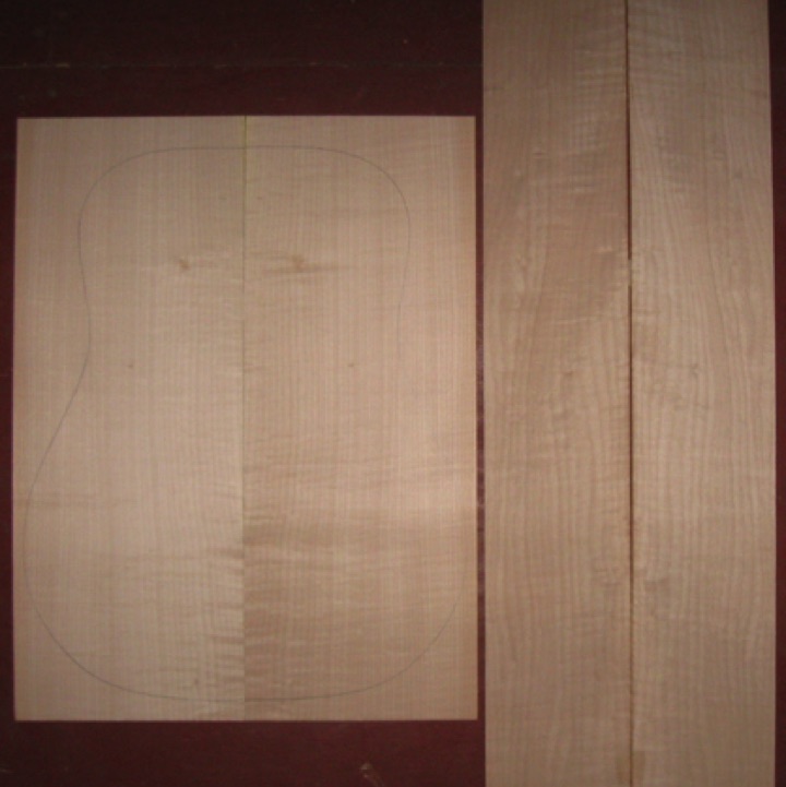 Curly Maple D/OM AA  $50
(2) back plates 8-3/8" x 22"
(2) side plates 5-1/4" x 33-3/4"
Air dried since 2009, medium, good color; straight grain.
set #146-2263