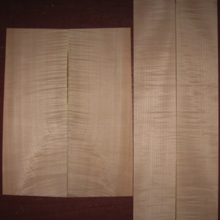 Curly Maple D/Jumbo AAA  $80
(2) back plates 8-5/8" x 22" (taper to 8-1/4")
(2) side plates 5-1/2" x 35-1/4"
Air dried since 2009, medium curl-flame, 16" dred pattern shown; straight grain.
(2) consecutive sets available   -   set #146-2381