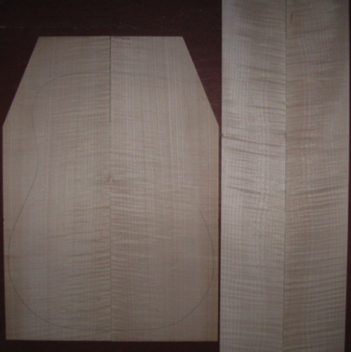 Curly Maple D/Jumbo AAA  $80
(2) back plates 8-3/8" x 23-3/4" (taper to 5-5/8")
(2) side plates 5" x 34"
Air dried since 2009, good curl, clean white color, 16" dred pattern shown; straight and vertical grain.
set #146-2448