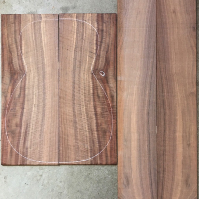 Walnut 0/Parlor 4A  $120
(2) back plates 7-1/4" x 19-1/4"
(2) side plates 4-7/8" x 29-1/2"
Air dried since 2002, 13-1/2" size 0 pattern shown, dramatic color and curl.
set #101-2591
