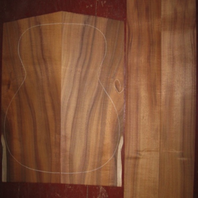 Koa OM/CL AA $95
(2) back plates 8" x 22+"
(2) side plates 4-1/2" x 32-3/4"
Air dried since 2013, 15-1/4" concert pattern shown, rich color and striping, minor whorl on sides (lower bout).
set #161-1152 Koa OM/CL AA $95
(2) back plates 8" x 22+"
(2) side plates 4-1/2" x 32-3/4"
Air dried since 2013, 15-1/4" concert pattern shown, rich color and striping, minor whorl on sides (lower bout).
set #161-1152