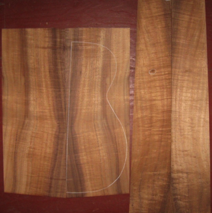 Koa OM/CL AAA $175
(2) back plates 8-1/4" x 22" (at joint)
(2) side plates 5-1/2" x 31" (tapers to 4-1/4)
Air dried since 2006, 15-1/4" OM pattern shown, rich color and stripes with strong flame-curl
set #138-2034 Koa OM/CL AAA $175
(2) back plates 8-1/4" x 22" (at joint)
(2) side plates 5-1/2" x 31" (tapers to 4-1/4)
Air dried since 2006, 15-1/4" OM pattern shown, rich color and stripes with strong flame-curl
set #138-2034