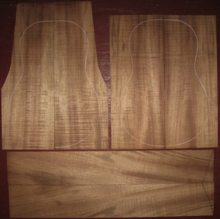 Koa Tenor Ukulele AAA  $110
(4) top-back plates 5-1/8" x 12-3/4" (tapers) 
(2) side plates 3-1/4" x 20"
Air dried since 1990s, tenor pattern shown, good curl.
set #219-2405