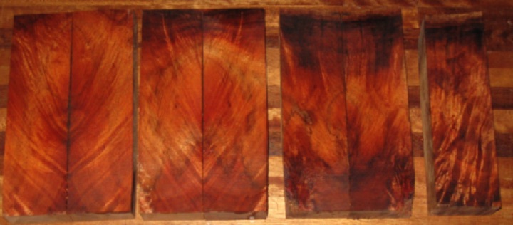Curly koa 7 boards, $63 + $14 shipping
Consecutive-cut blanks, each 6-1/2" x 2", 1-1/16" thick. Wild flame figure. Compare at $25-$50 ea., these are $9 ea. in bulk. Air dried since 2006. 
7 blanks #136-1656