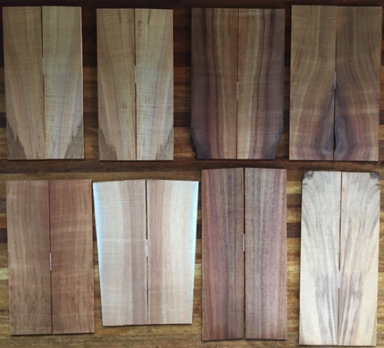 (8) koa headplates AAA $29 + $9 shipping
bookmatches 4" x 8" minimum. Nominal thickness: 1/8". All well seasoned, good color and curl; nice variety.
headplates #2627