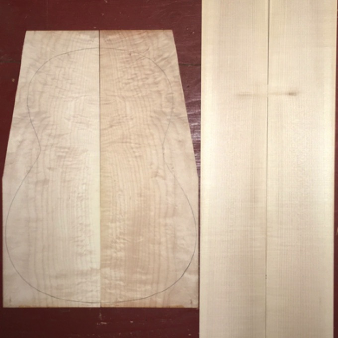 Curly Maple CL/Parlor AA  $40
(2) back plates 7-1/2" x 21-1/4" (taper to 5-1/2")
(2) side plates 5" x 32-1/2"
Air dried since 2009, good flame on back, clean white color, 14-5/8" CL pattern shown.
set #146-2607